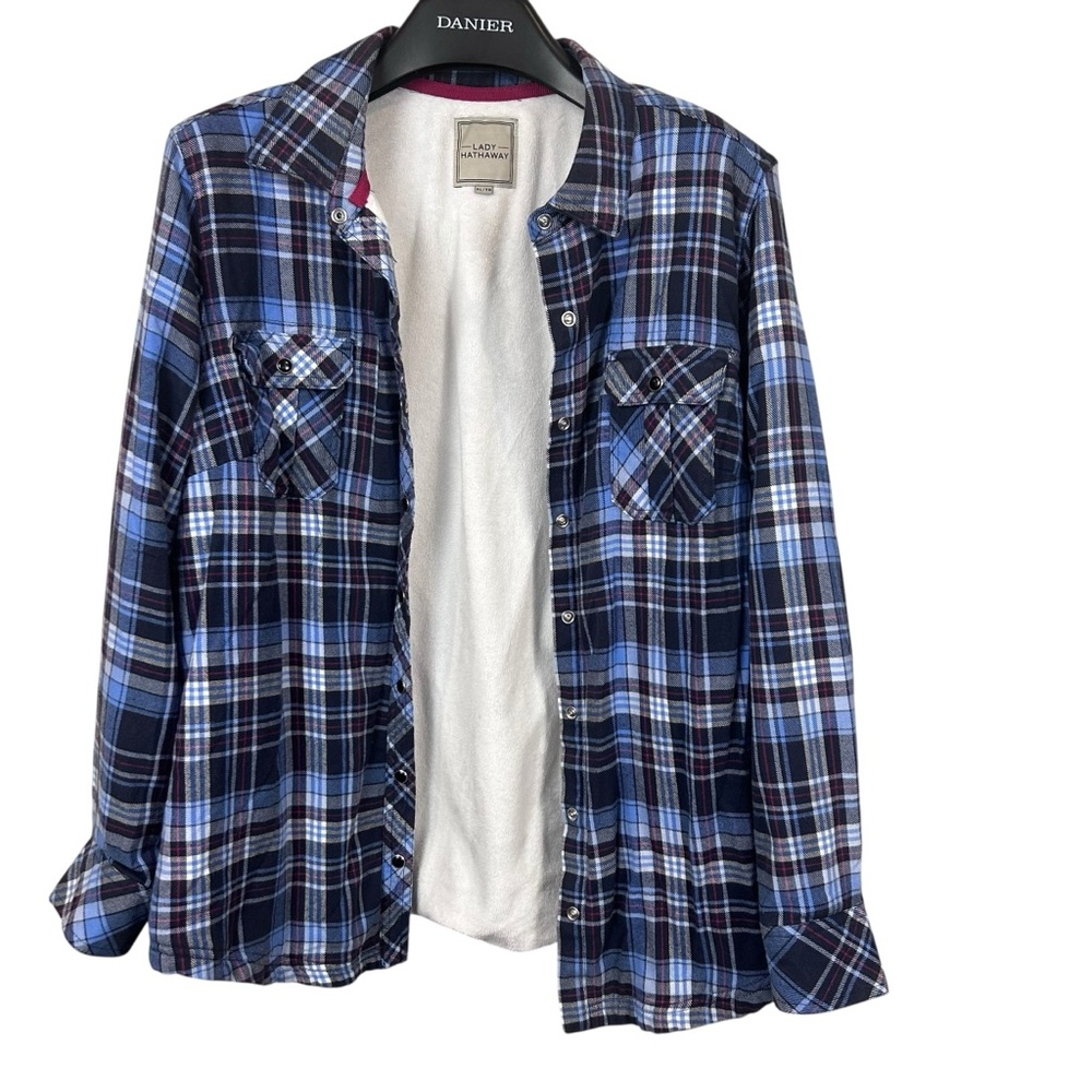 Lady Hathaway XL Sherpa Lined Flannel Plaid Shirt Jacket‎ Blue Navy Cozy Warm